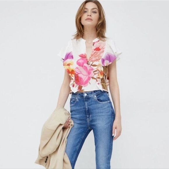 Desigual M. Christian Lacroix Floral Flutter Sleeve Top Sz S - Picture 5 of 12